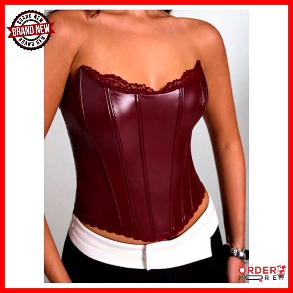 Vintage Leather Corset Top Strapless Lace Trim Rave Party Tube Top Y2K - Picture 3 of 5
